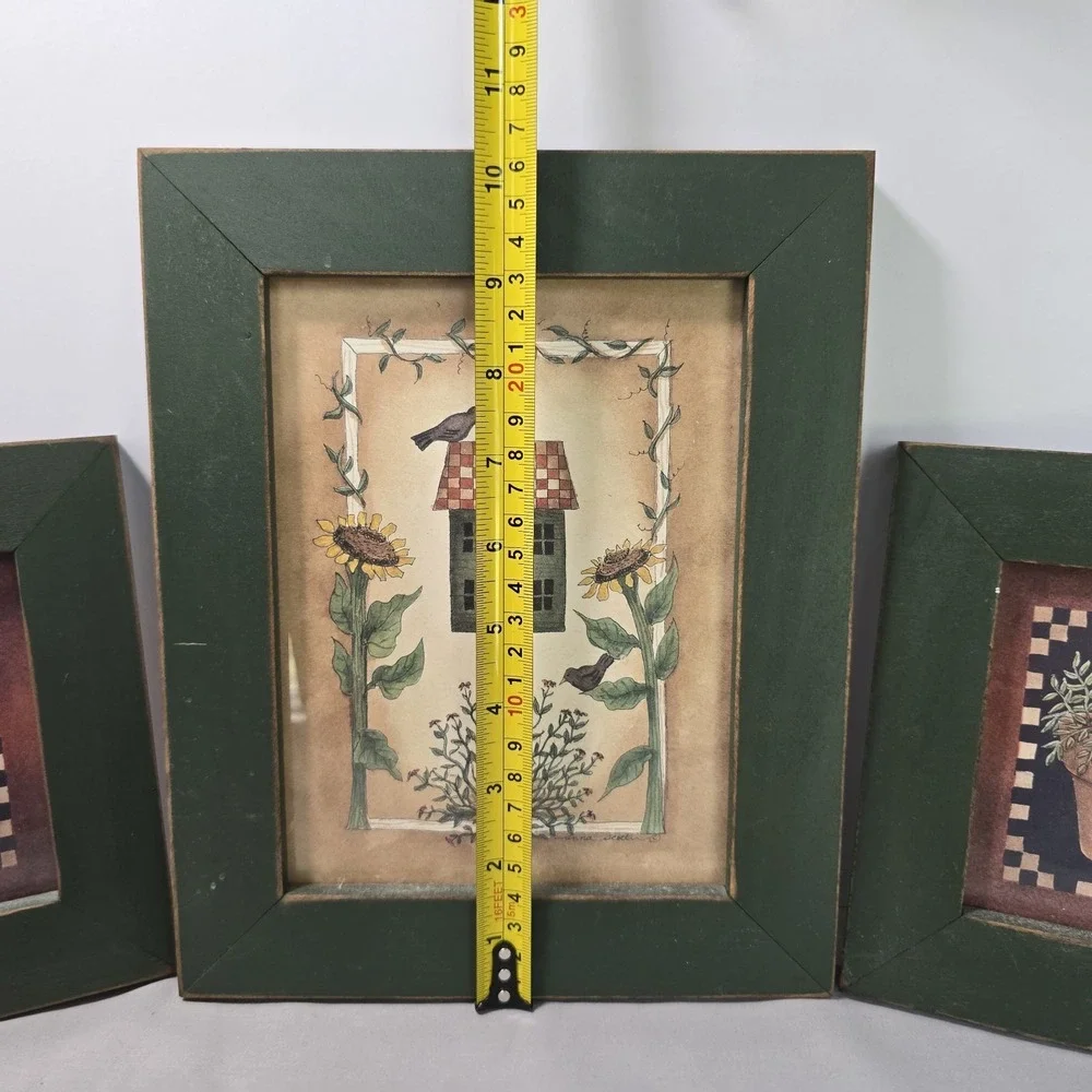Country Cottage Decor 3-Piece Picture Set Green Frame Birdhouse Tyme Sage